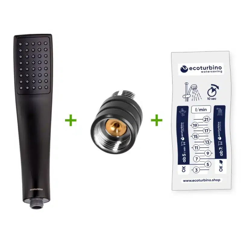 Handdusche UPGRADE DELUXE SET 10 Legio, schwarz | ET10L Wasserspar Adapter + Design Duschkopf - Handbrause | ecoturbino®. Feedbild.
