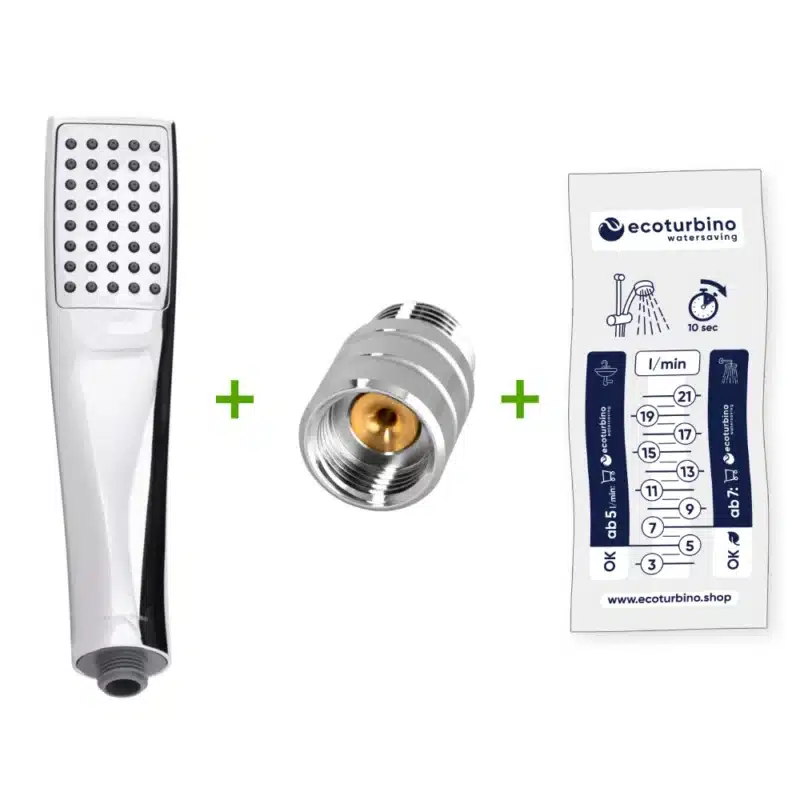 Handdusche UPGRADE DELUXE SET 10 Legio, silber | ET10L Wasserspar Adapter + Design Duschkopf - Handbrause | ecoturbino® Feedbild