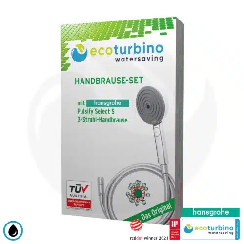 hansgrohe Pulsify Select S 105 3-Strahl Handbrause SET + ecoturbino® das Original | ET10L Wasserspar Adapter + Duschschlauch + Duschkopf