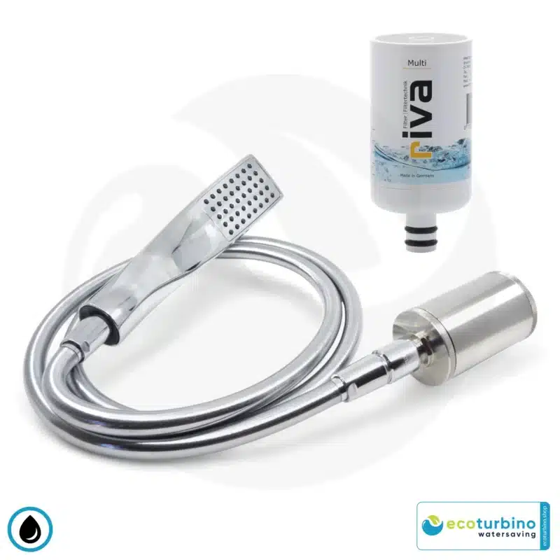 Legionellen Wasserfilter ecoturbino clinic plus Set | Handbrause, Duschschlauch, Wassersparadapter, Filtersystem | Dusche Wasserspar System | 1/2" Gewindeanschlüsse